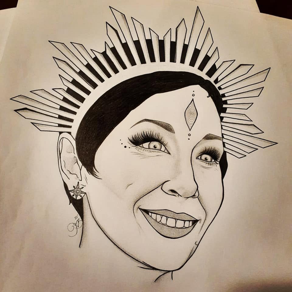 Ink portrait of a smiling woman with a short dark bob wearing a tall crown of crystal spikes and rays, a diamond mark on her brow