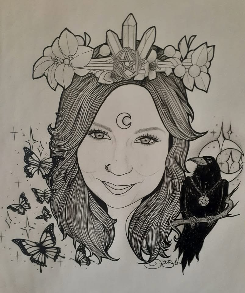 Ink portrait of a smiling woman wearing a crown of crystals and a pentacle, a crescent moon on her brow, a raven on her shoulder and butterflies in the air