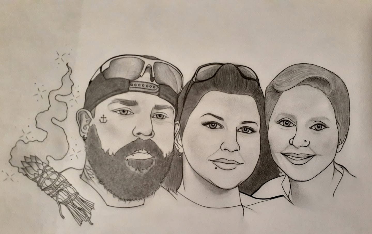 Pencil portrait of a family of three, a bearded man with sunglasses on his head, a woman and a child, with a smoking smudge stick at the edge