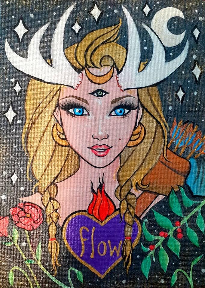 Acrylic painting of a blonde woman with antlers and a third eye, a flaming heart lettered 'flow' at her chest, roses and a crescent moon around her