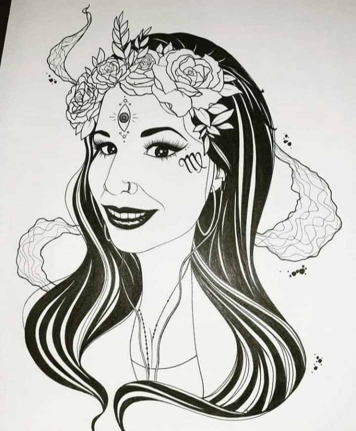Bold ink portrait of a smiling woman with long hair and a crown of roses, a third eye on her brow and the Virgo glyph on her cheek