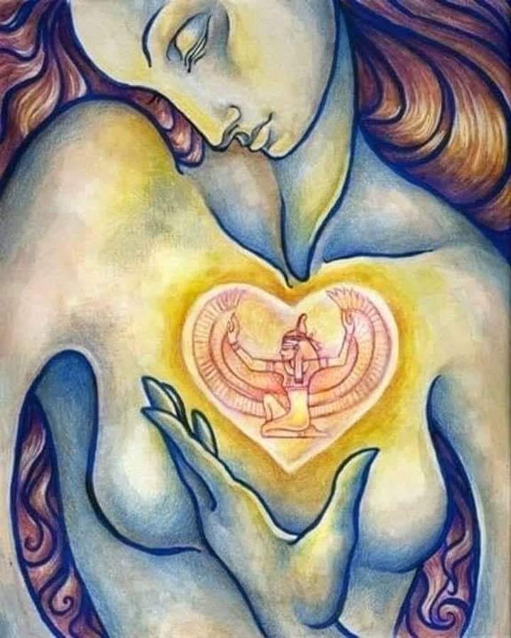 Colored pencil drawing of a woman in blue and violet tones cradling a glowing golden heart with a winged goddess figure inside it