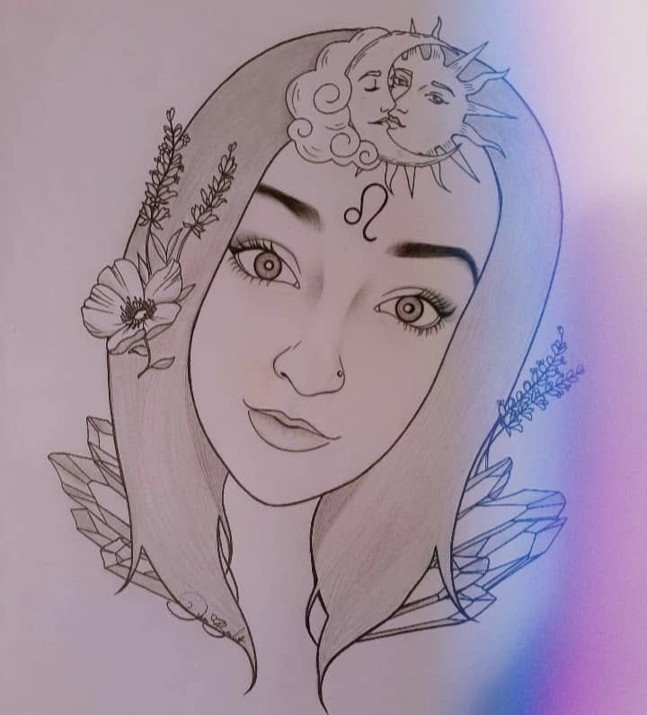 Pencil portrait of a young woman with the Leo glyph on her brow, sun and moon faces nestled in her hair, poppies at her temple and crystals at her shoulder