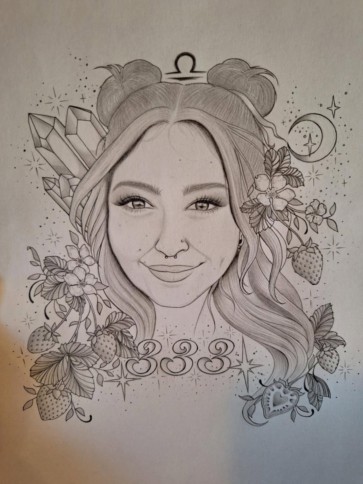 Pencil portrait of a smiling woman with space-bun hair, the Libra glyph above her head, crystals, a crescent moon and strawberries around the angel number 333