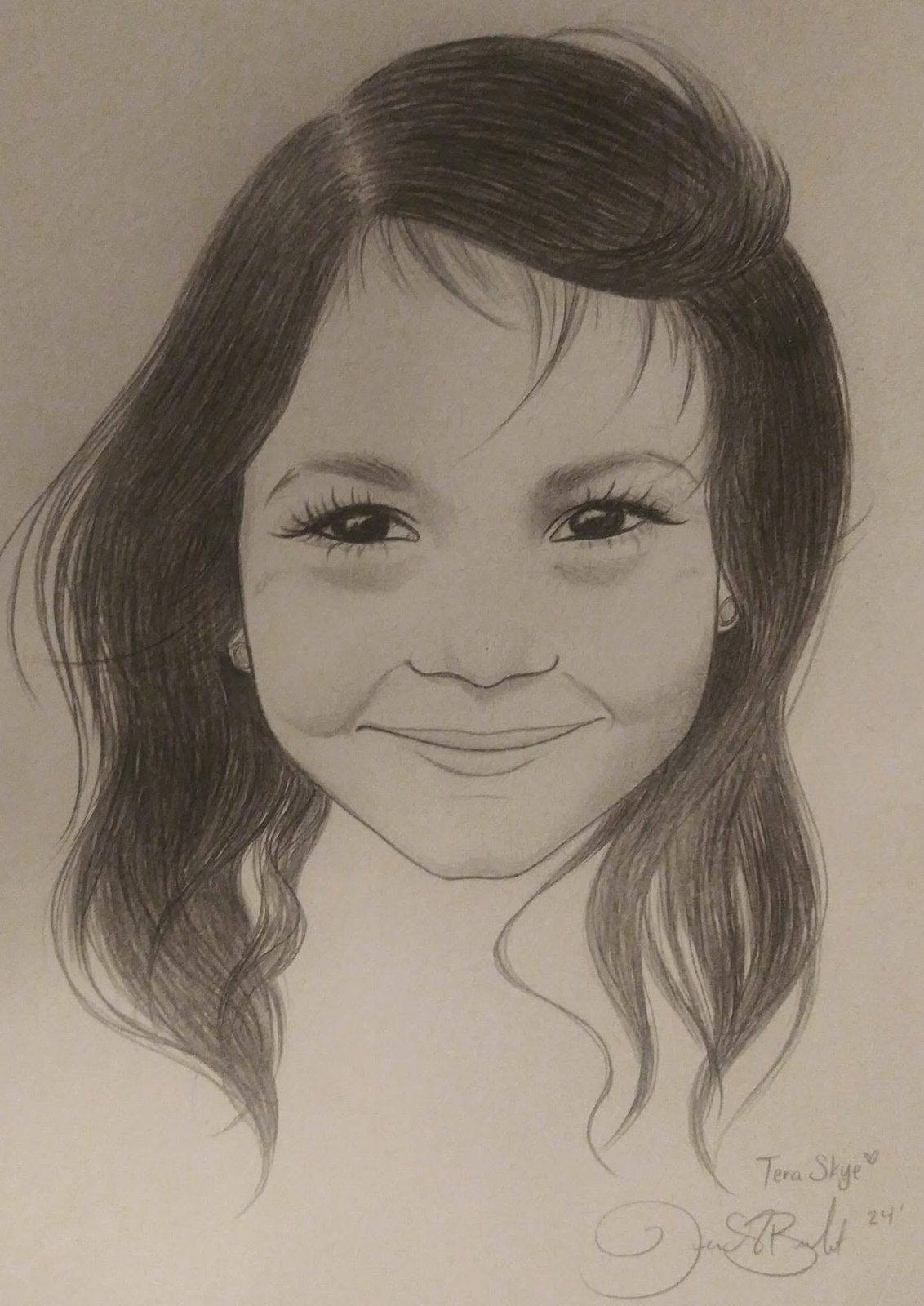 Pencil portrait of a smiling little girl with long dark hair, signed by the artist in the corner