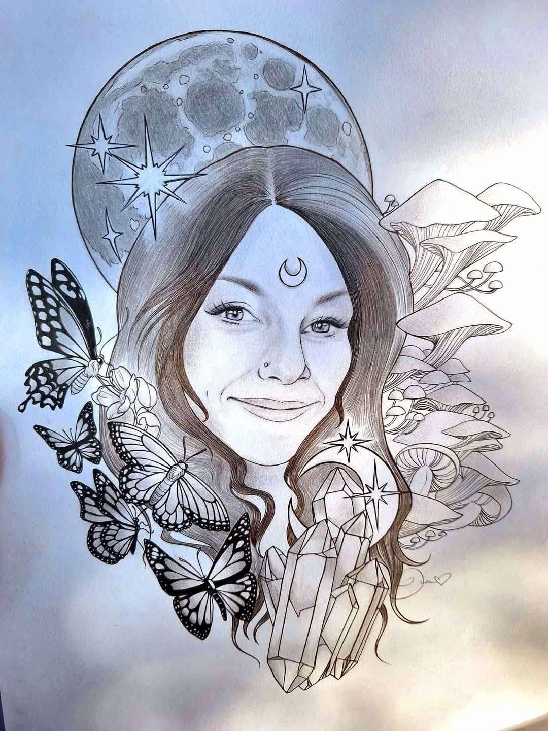 Pencil portrait of a smiling woman with a crescent moon on her brow and a full moon above her, butterflies at one shoulder and crystals and mushrooms along the other