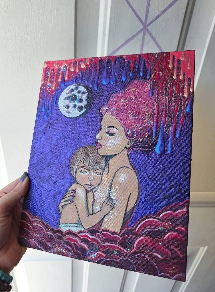 Acrylic painting of a purple-haired mother holding a sleeping child against her chest under a full moon and a dripping magenta sky