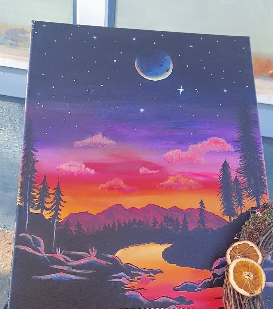 Acrylic landscape of a river winding toward mountains under a pink and orange sunset, a crescent moon and stars in the deep blue above