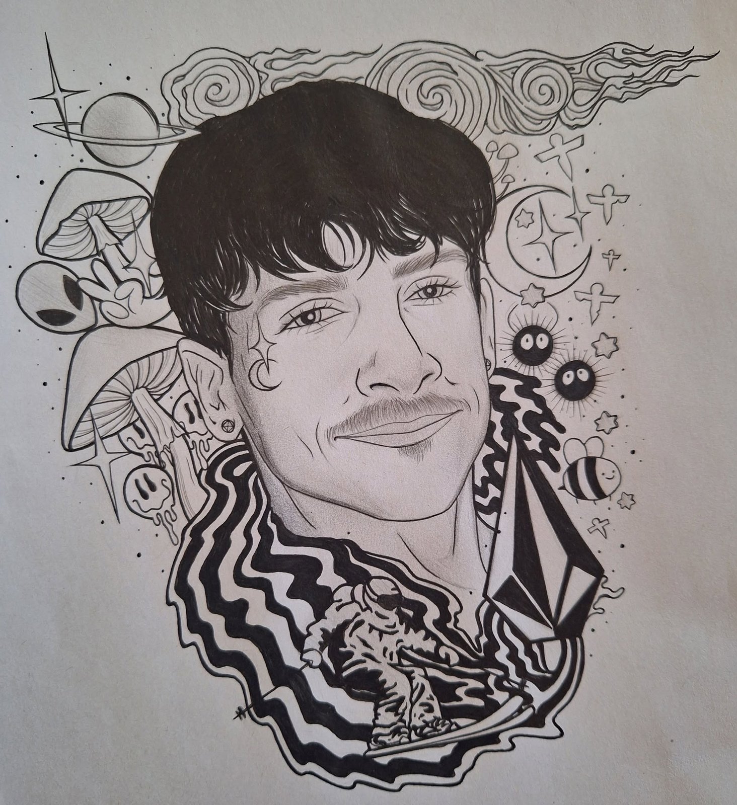 Ink portrait of a young man with dark hair and a mustache, mushrooms, stars, planets and spirals filling the space around him
