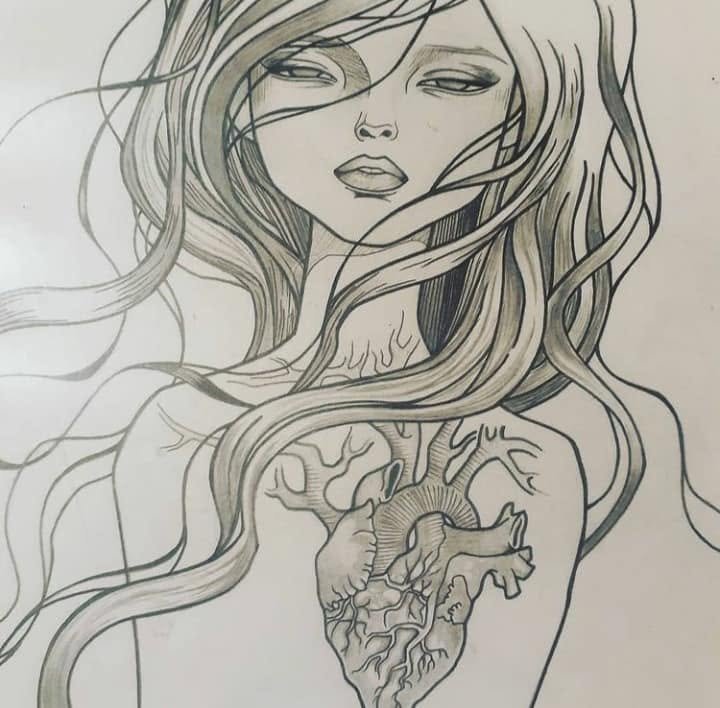 Pencil drawing of a woman with long hair streaming around her and an anatomical heart drawn over her chest