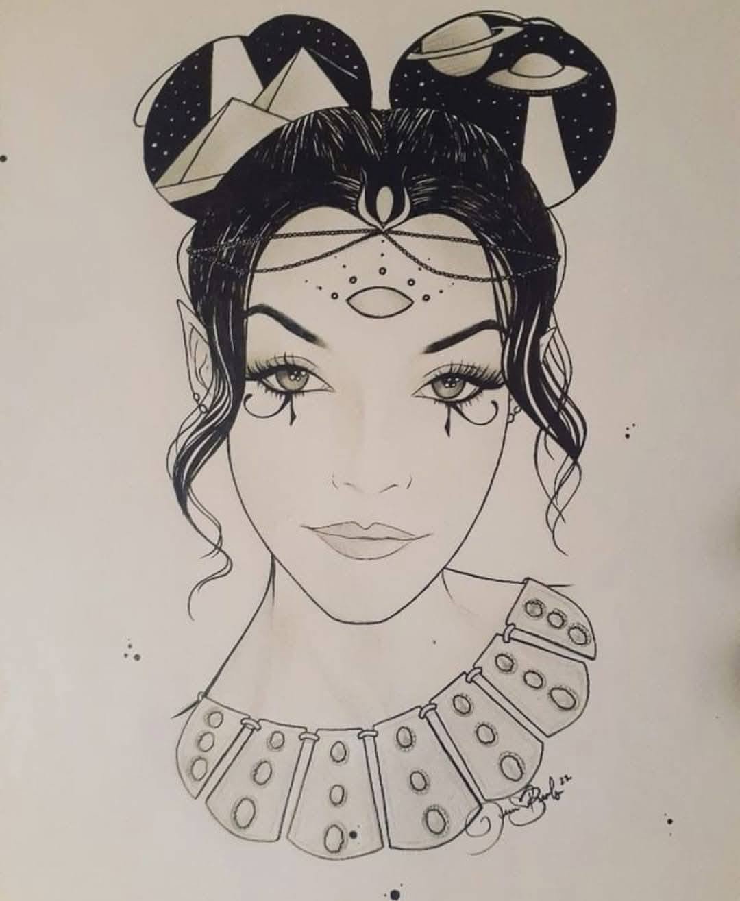 Ink portrait of a woman with space-bun hair holding two planets, a third eye on her brow and a wide jewelled collar at her neck