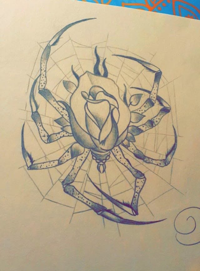 Pencil drawing of a spider with a rose on its back sitting at the center of its web
