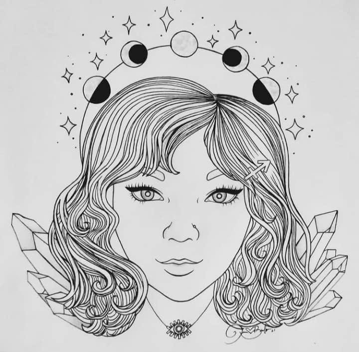 Ink portrait of a woman with wavy shoulder-length hair under an arc of moon phases and stars, crystal clusters rising at both shoulders