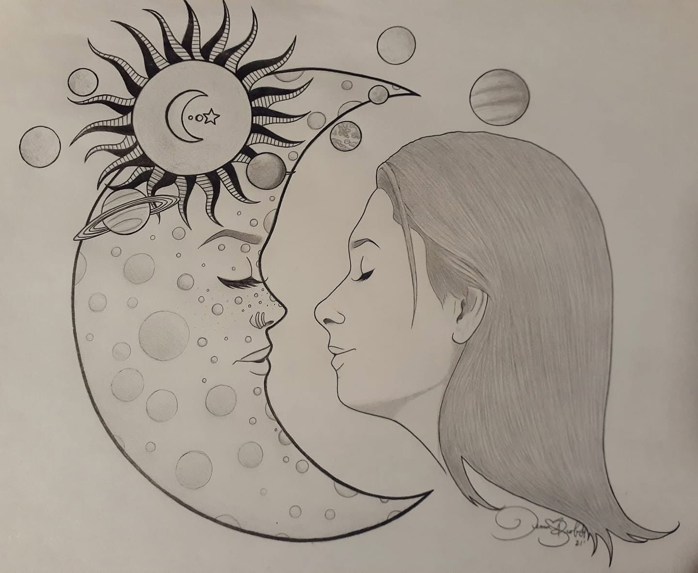 Pencil drawing of a woman's profile nose to nose with the face in a crescent moon, a sun and planets drifting above them