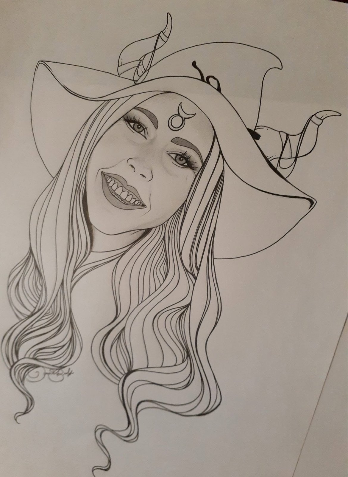 Ink portrait of a laughing woman with long wavy hair under a wide witch's hat with the Taurus glyph on its crown