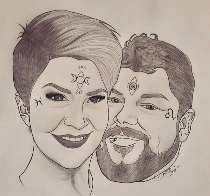 Pencil portrait of a smiling couple cheek to cheek, a triple moon on her brow, a third eye on his and the Leo glyph on his cheek